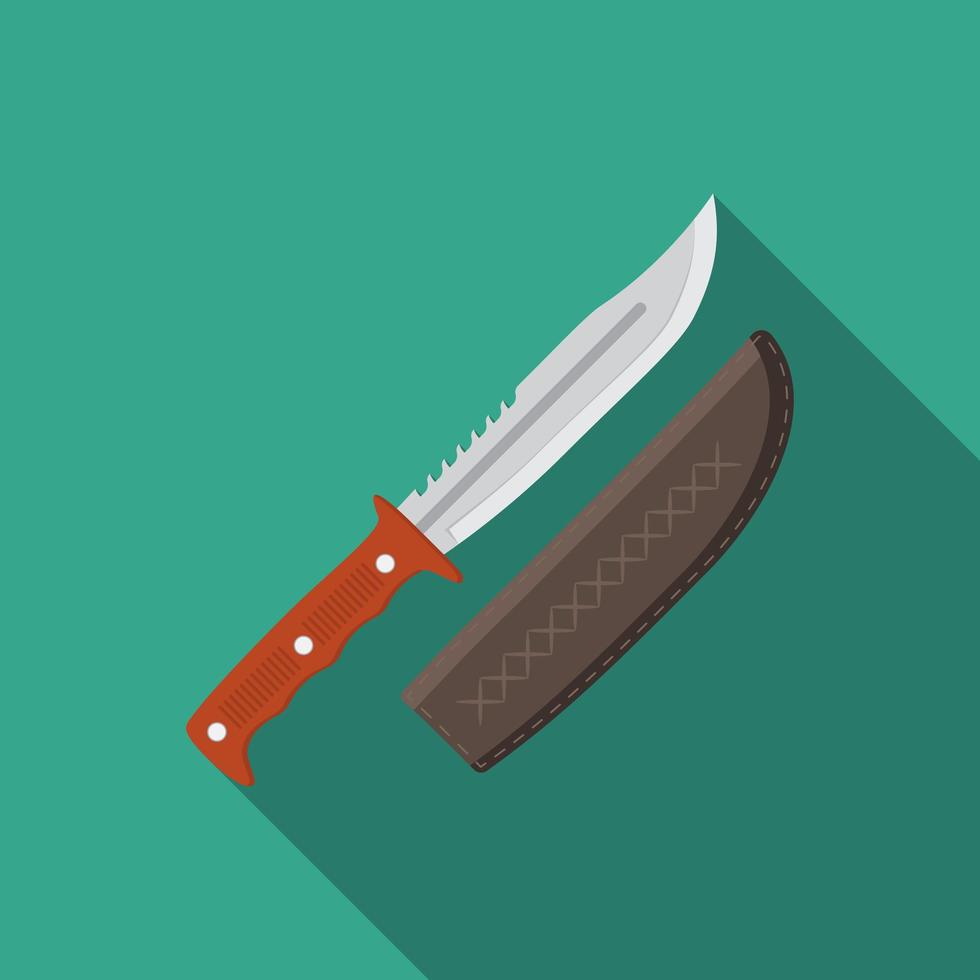 design plano ilustração em vetor moderno de ícone de faca de caça, equipamento de acampamento e caminhada com sombra longa