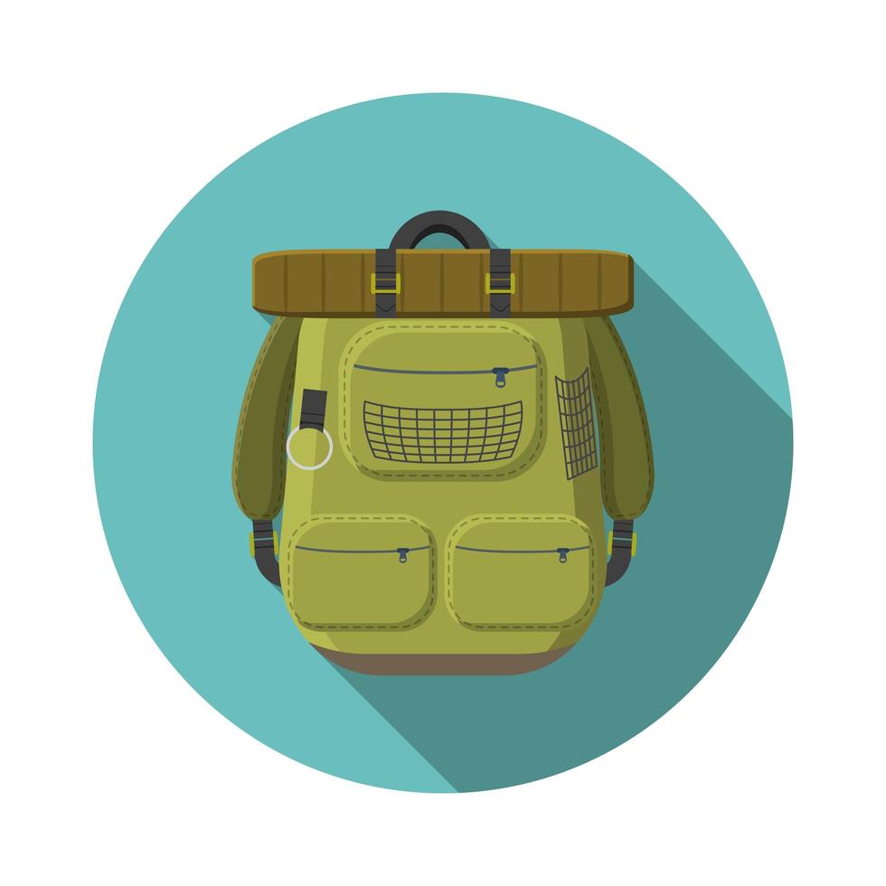 ilustração em vetor moderno design plano de ícone de mochila de turista, equipamento de acampamento e caminhada com sombra longa