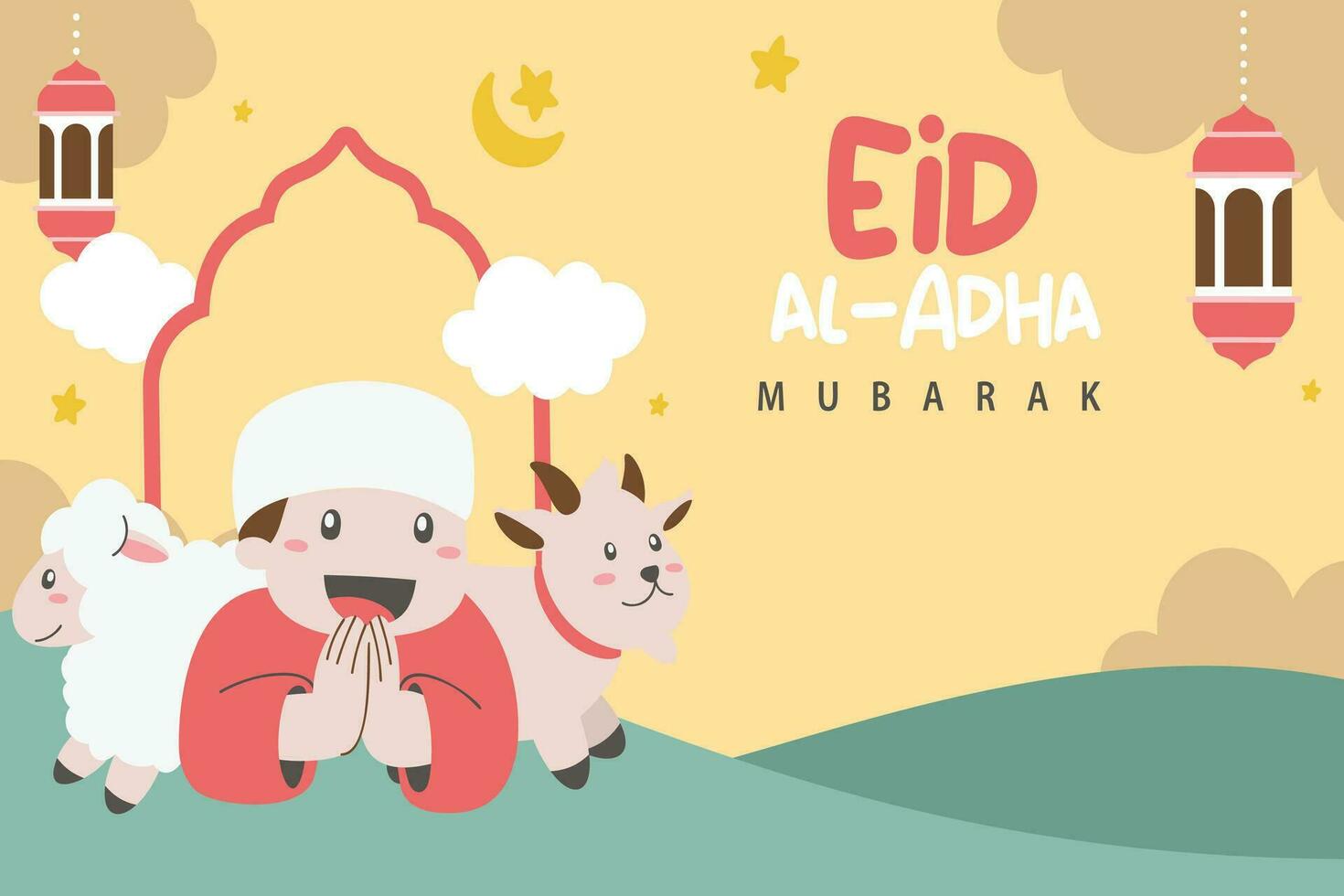 piedosos eid al adha Mubarak fofa bandeira desenho animado doodle. islâmico e árabe cumprimento folheto para muçulmano comunidade festival gráfico impressão vetor