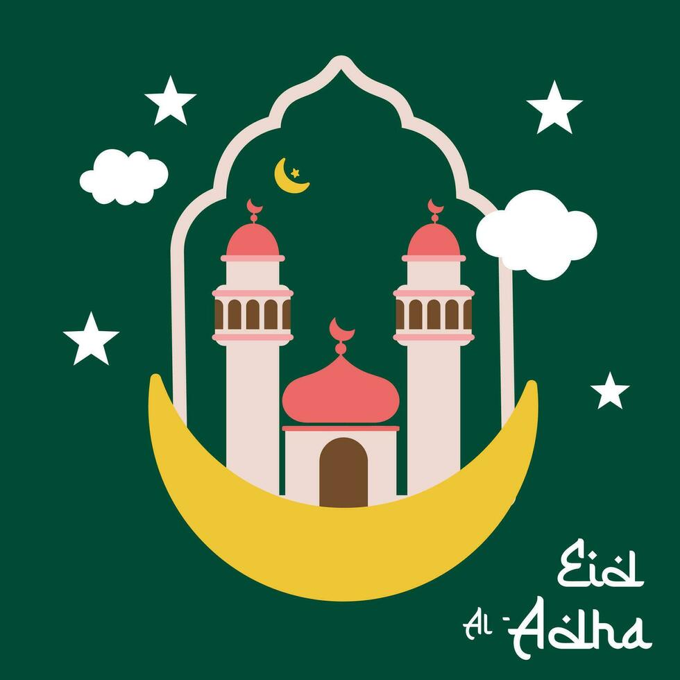 piedosos eid al adha Mubarak fofa bandeira desenho animado doodle. islâmico e árabe cumprimento folheto para muçulmano comunidade festival gráfico impressão vetor