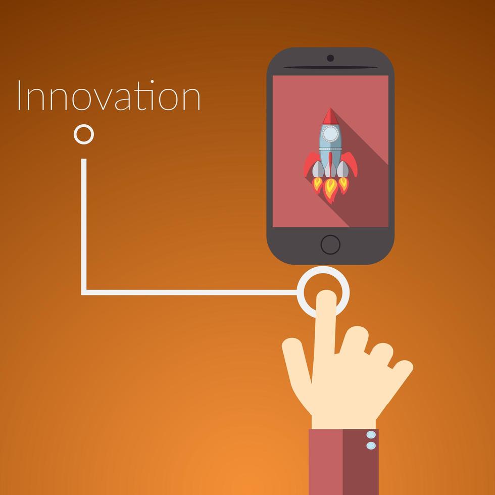 conceito de ilustração vetorial design plano para serviços online. conceitos para mão tocando telefone inteligente com foguete, inovação de sinal de texto vetor