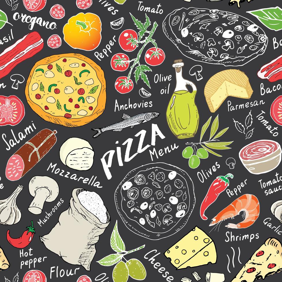 esboço desenhado de mão de padrão sem emenda de pizza. pizza doodles fundo de comida com farinha e outros ingredientes alimentares, forno e utensílios de cozinha. ilustração vetorial vetor