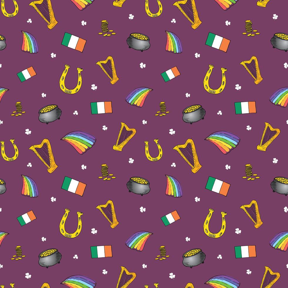 Dia de São Patrício conjunto de doodle desenhado, com duende, pote de moedas de ouro, arco-íris, cerveja, trevo de quatro folhas, ferradura, harpa celta e bandeira da ilustração vetorial Irlanda isolada no branco. vetor