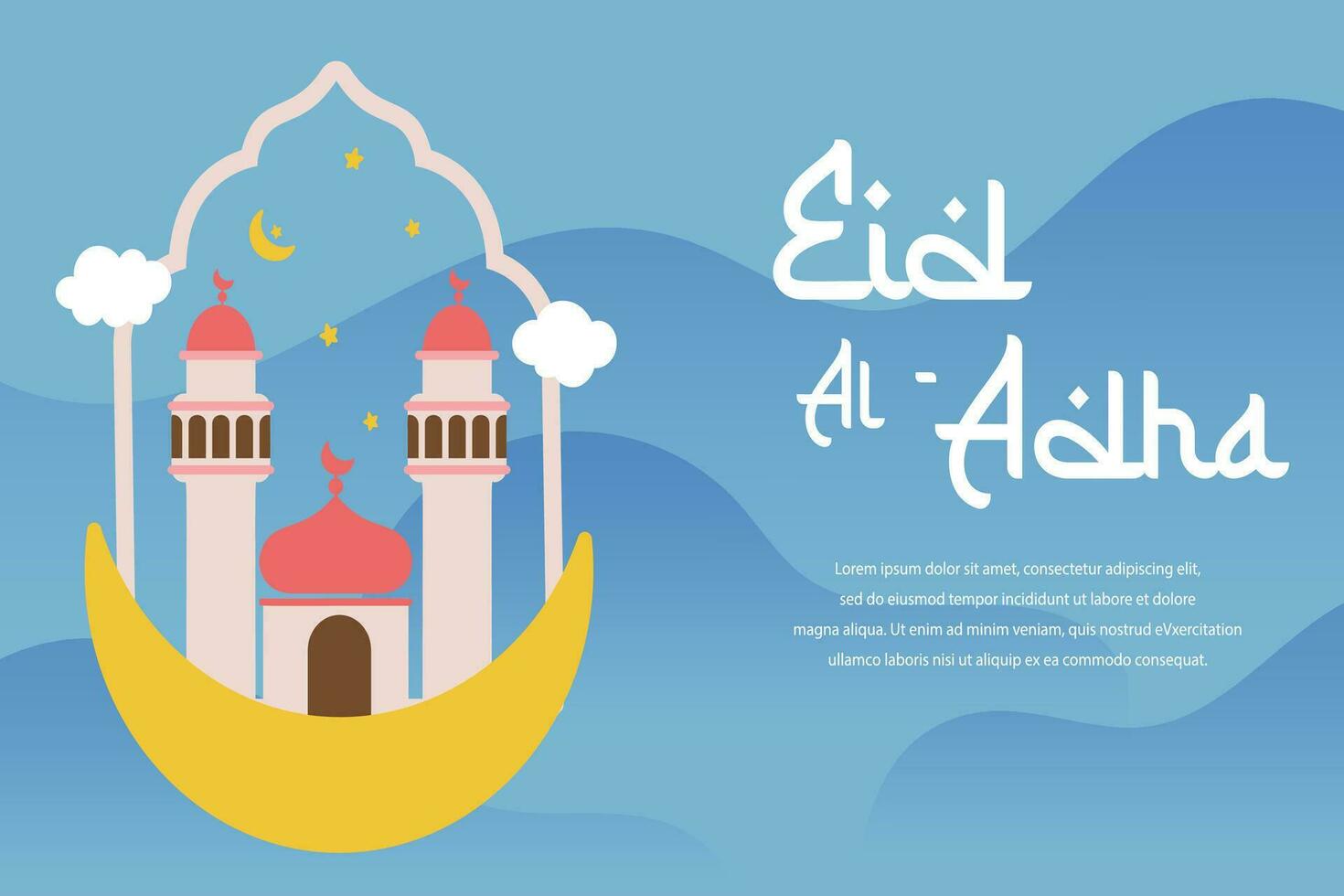 piedosos eid al adha Mubarak fofa bandeira desenho animado doodle. islâmico e árabe cumprimento folheto para muçulmano comunidade festival gráfico impressão vetor