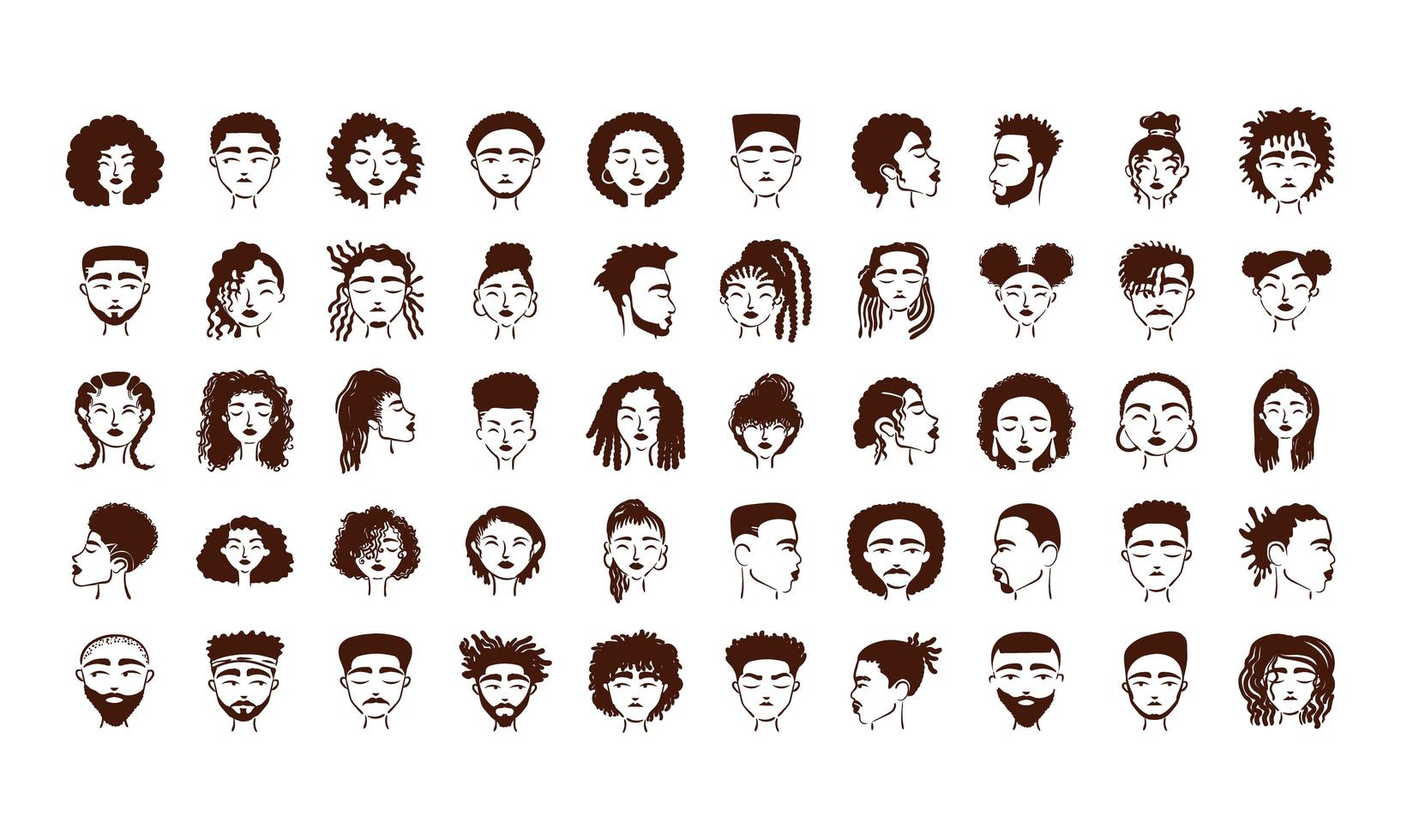 grupo de 50 personagens de avatares de afro-étnicos vetor