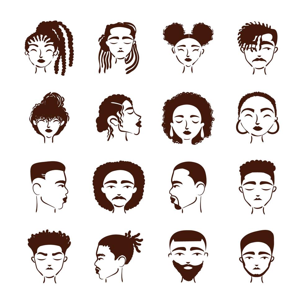 personagens de avatares de dezesseis afro-étnicos vetor