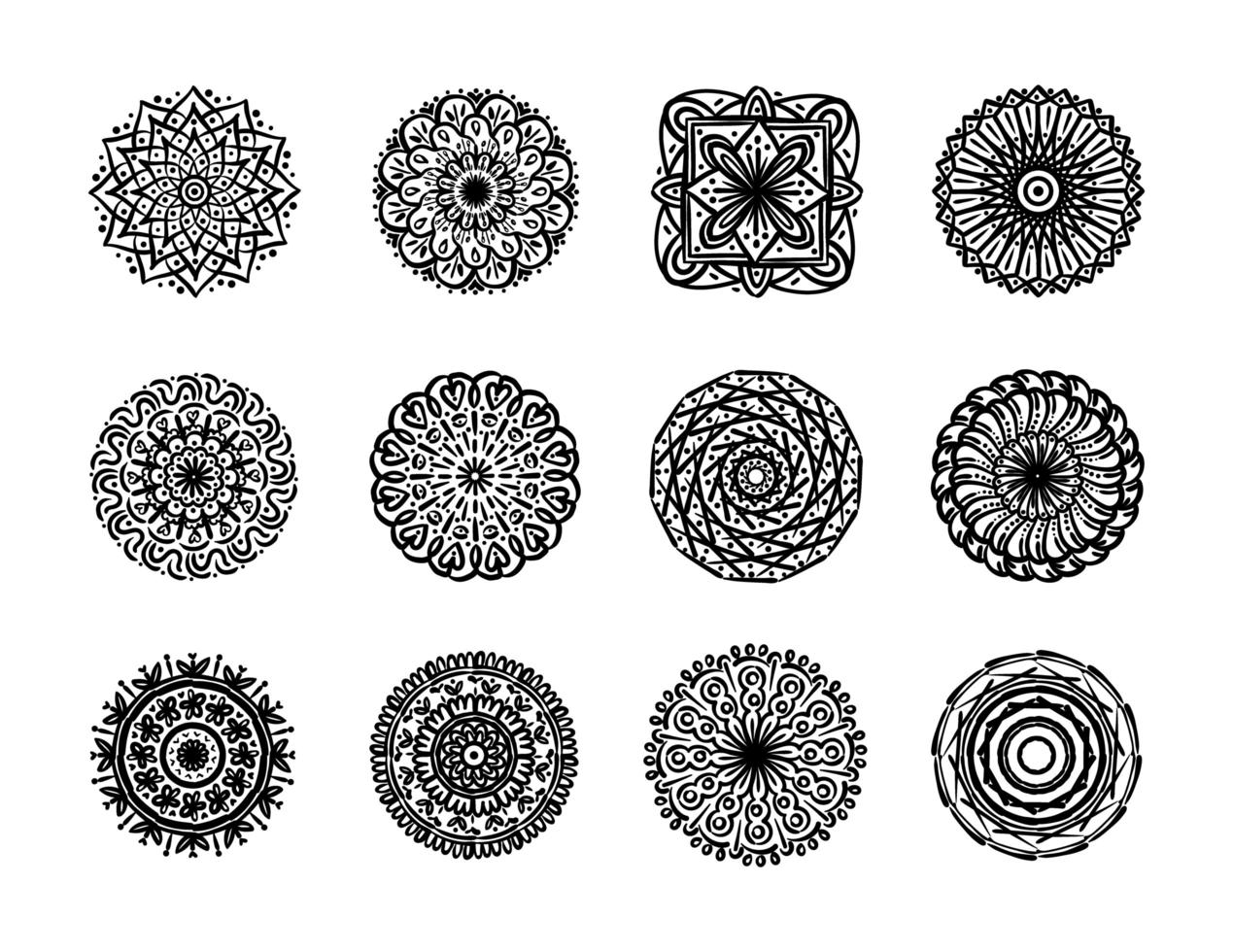 pacote de doze ícones de conjunto de mandalas vetor