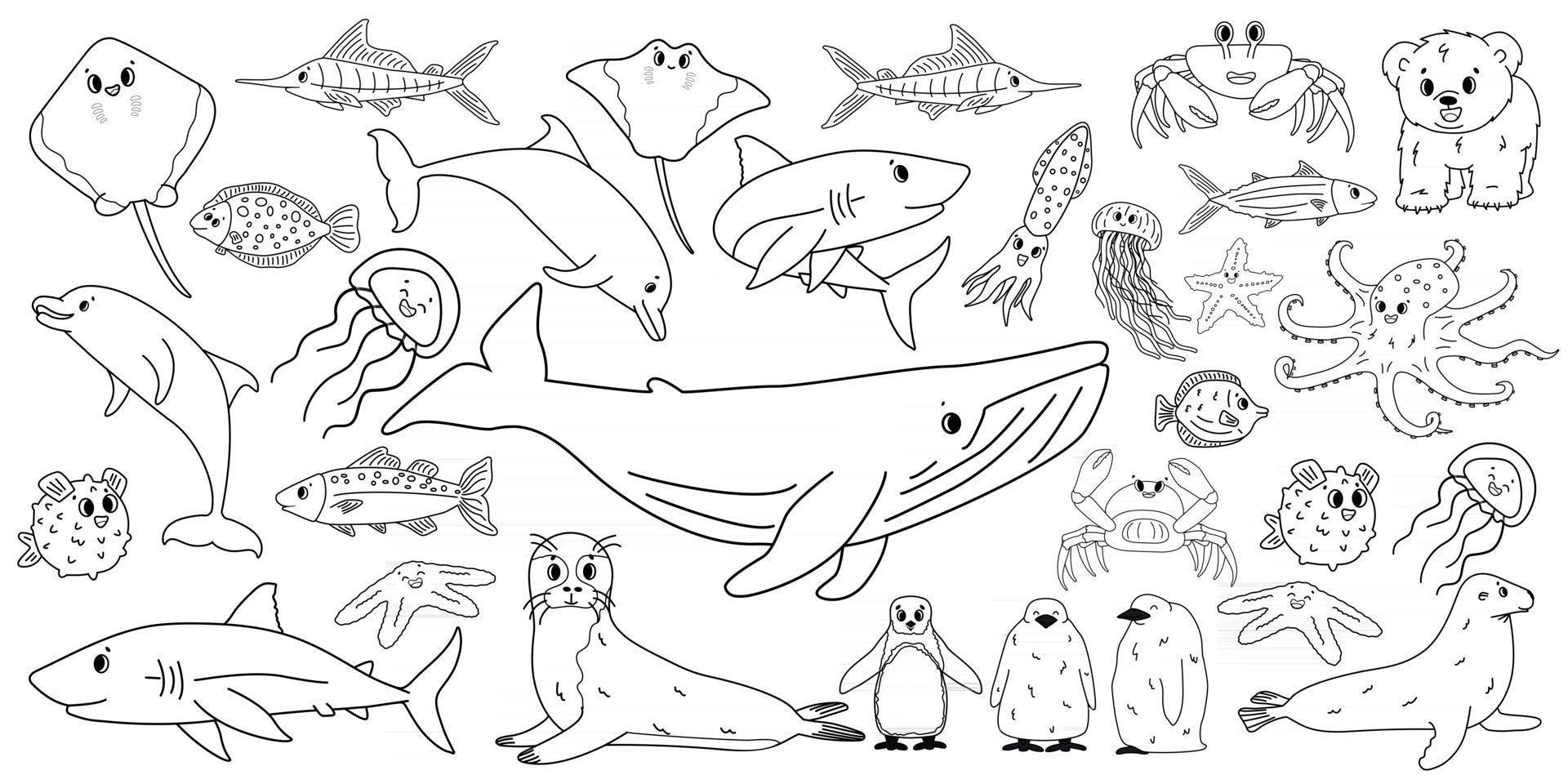 grande conjunto vetor desenho contorno isolado mar oceano norte animais doodle baleia golfinho tubarão arraia água-viva peixes caranguejo rei pinguim filhote polvo foca peles filhote de urso polar para livro de colorir