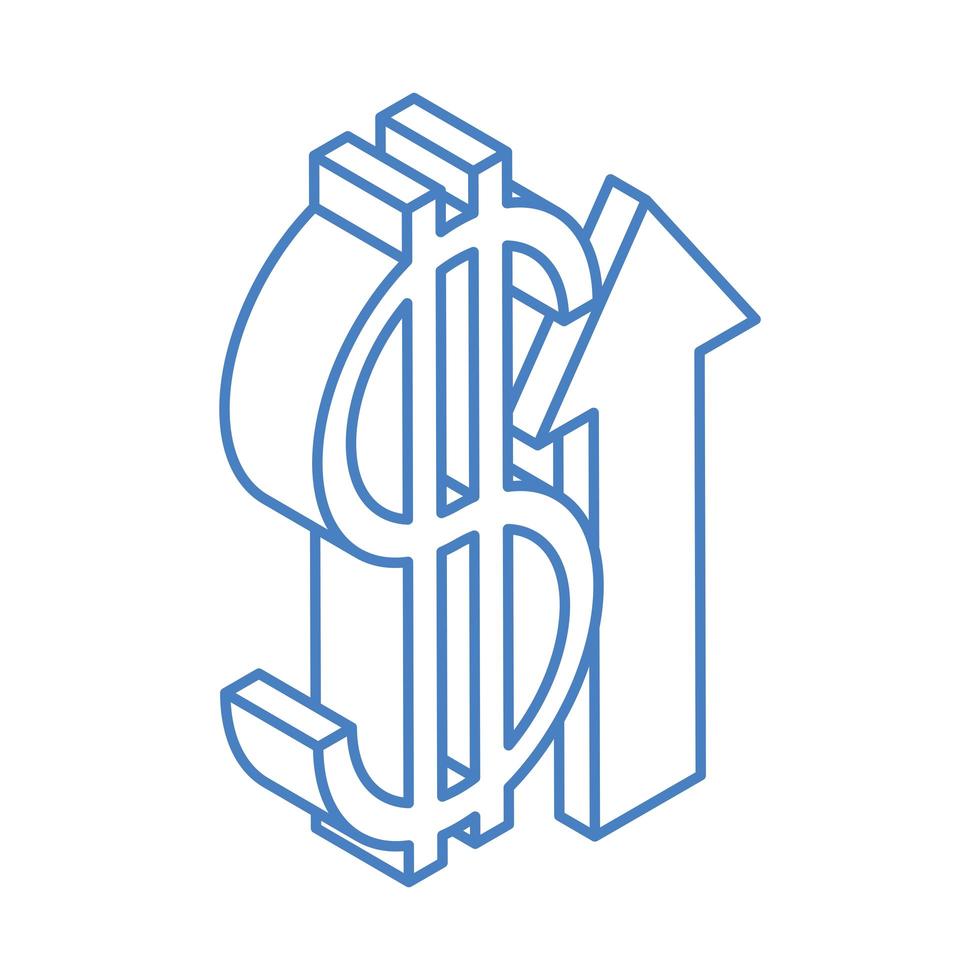 isométrico dinheiro dinheiro moeda growthing seta dólar financeiro isolado no fundo branco linear azul ícone vetor