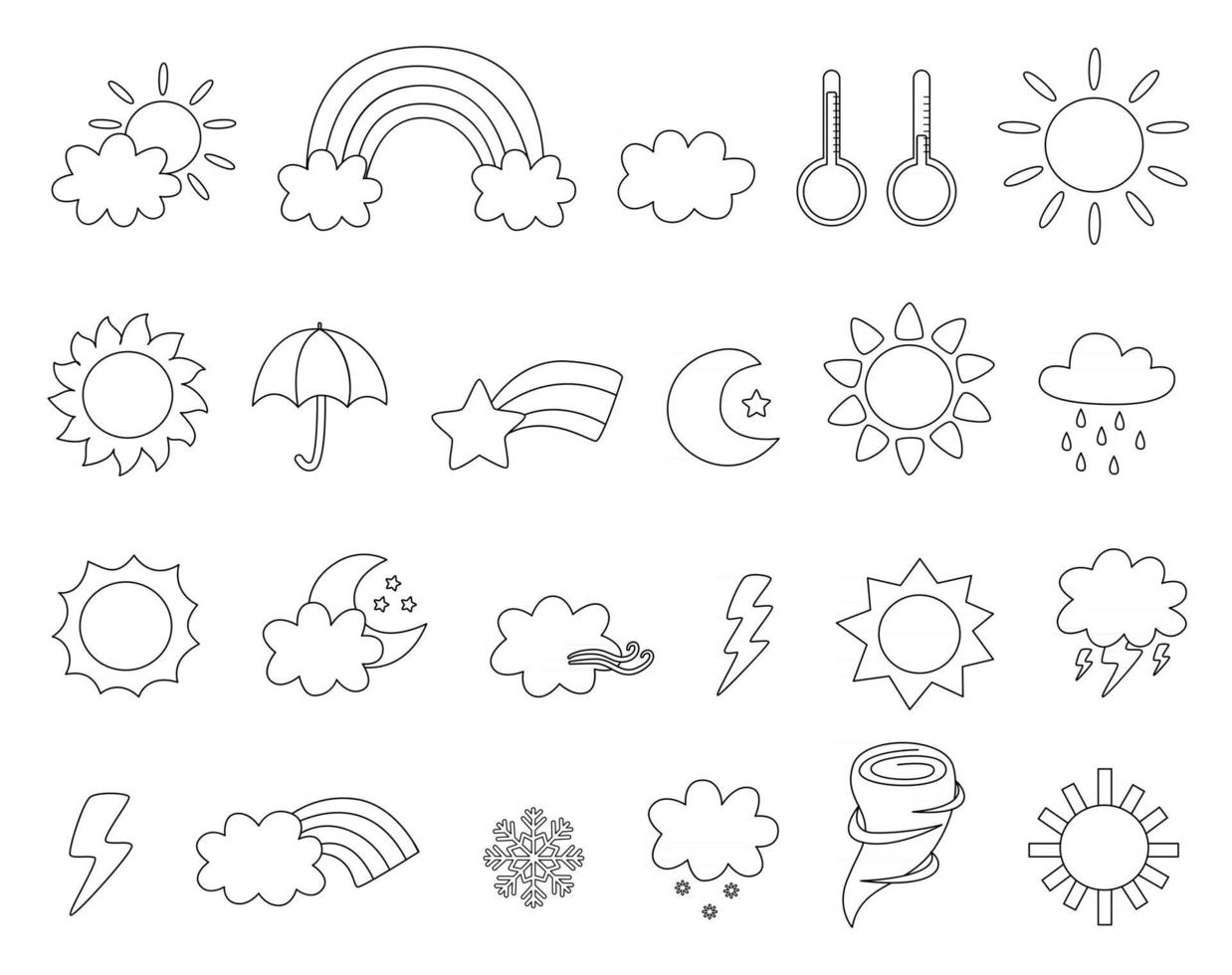 conjunto de lindos ícones de clima em preto e branco para colorir para crianças vetor