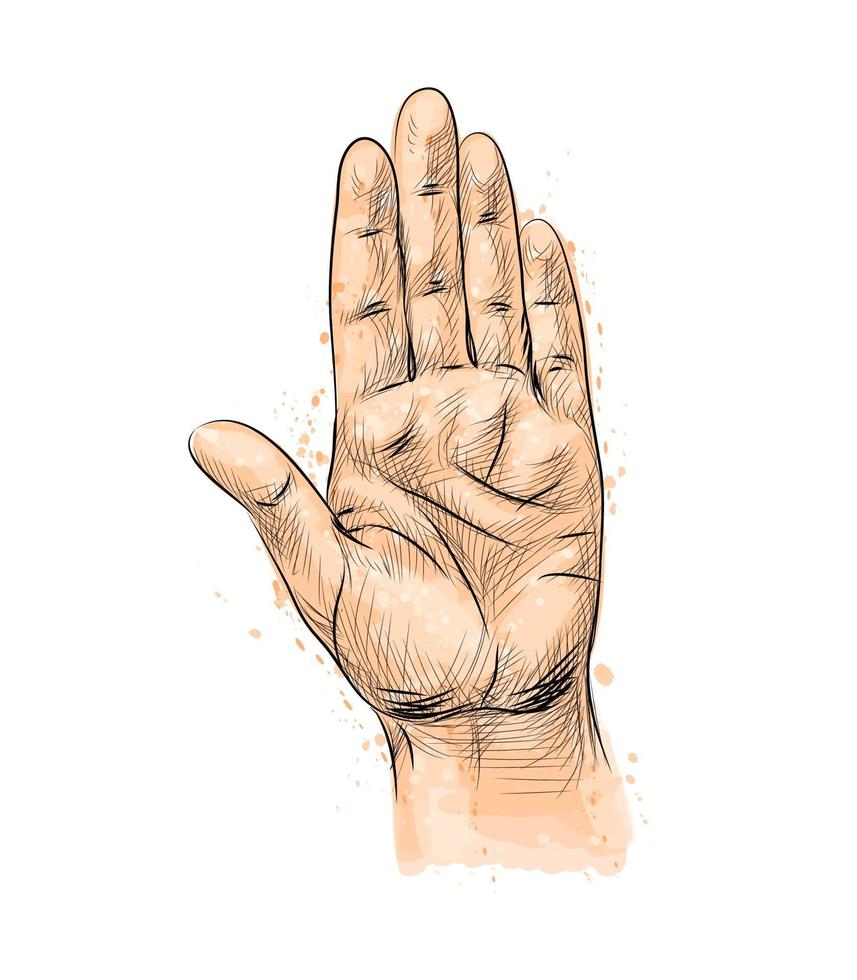 gesto com a mão fazendo gesto de parada com um toque de aquarela desenho desenhado à mão ilustração vetorial de tintas vetor