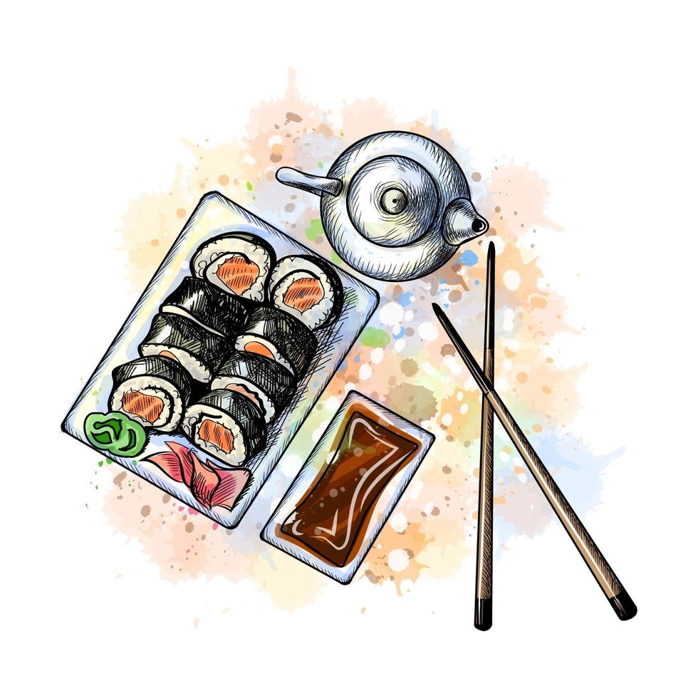 menu de comida japonesa vegetariano definido a partir de um toque de aquarela desenho desenhado a mão vetor