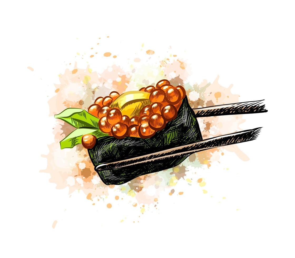Caviar vermelho gunkan sushi de um toque de aquarela desenho desenhado à mão ilustração vetorial de tintas vetor