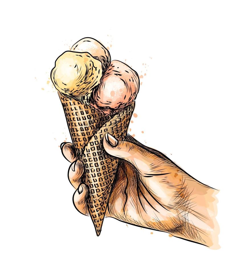 mão feminina segurando sorvete em casquinha de waffle com um toque de aquarela mão desenhada desenho ilustração vetorial de tintas vetor