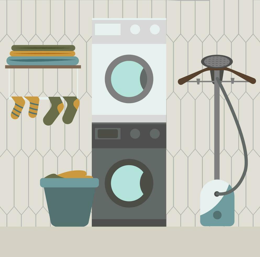 lavanderia sala. vetor ilustração dentro plano estilo. lavando máquina e cesta com roupas.