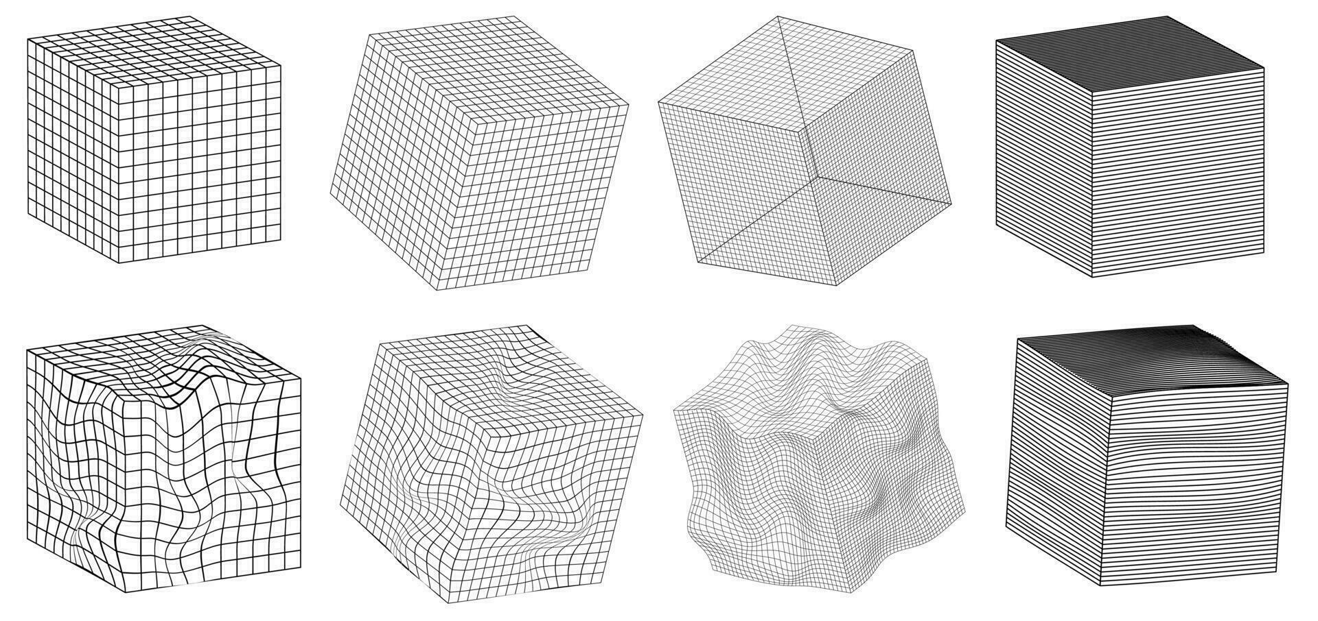 conjunto cubo forma adesivos com diferente linear Formato inspirado de brutalismo, cyberpunk coleção estranho wireframes vetor 3d geométrico formas, distorção e transformação do figura, Projeto elementos