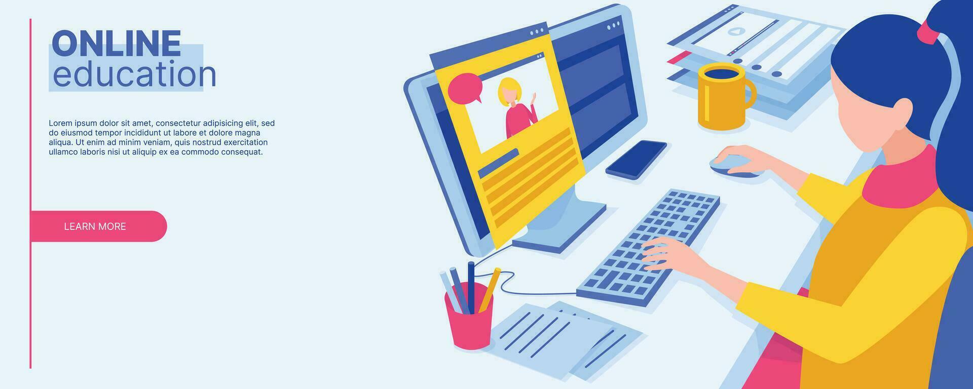 conectados ensino do alunos às lar. a personagem senta às a mesa, parece às a computador monitor e aprende. conectados Educação conceito. plano isométrico vetor ilustração