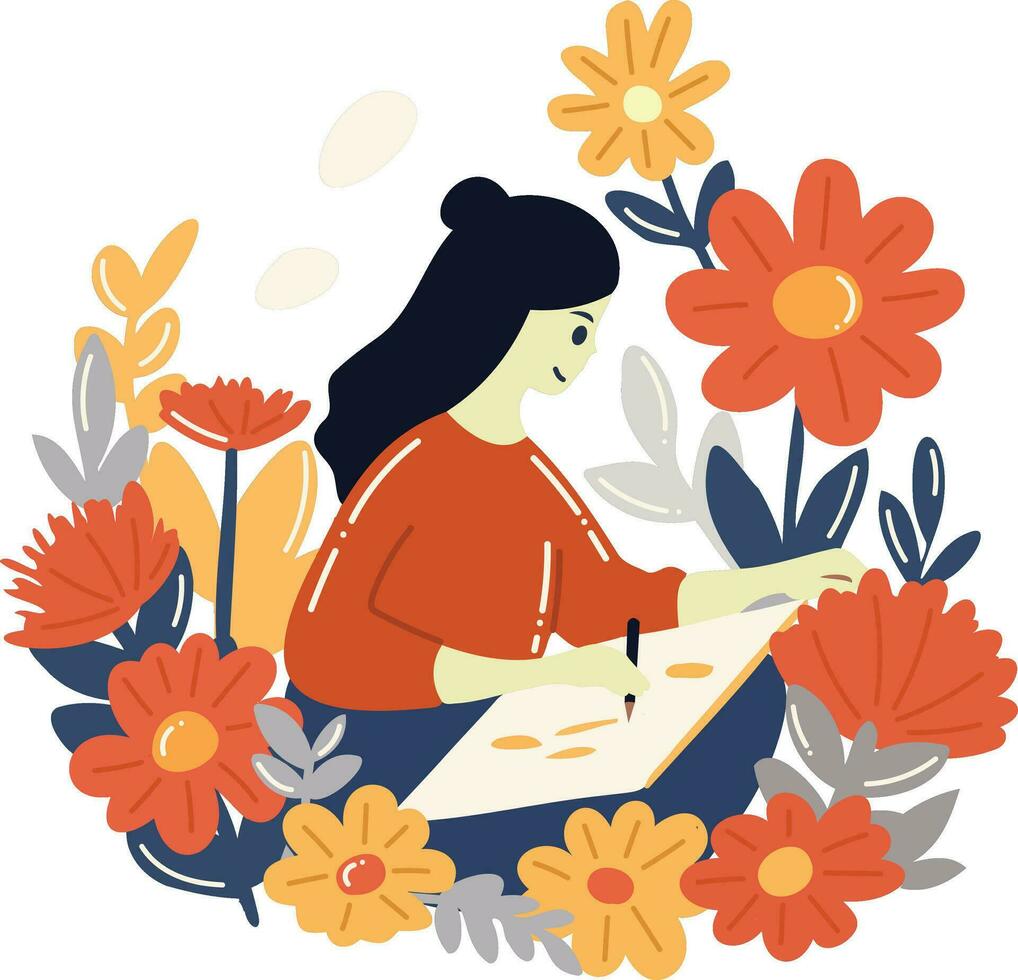mão desenhado fêmea artista sentado e desenhando às a flor jardim dentro plano estilo vetor