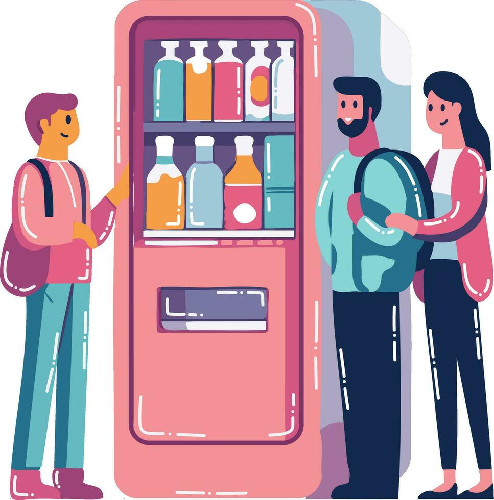 mão desenhado empresários em pé e falando dentro frente do uma água vending máquina dentro plano estilo vetor