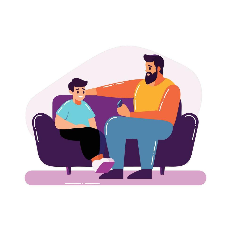 mão desenhado pai falando para filho em a sofá dentro plano estilo vetor