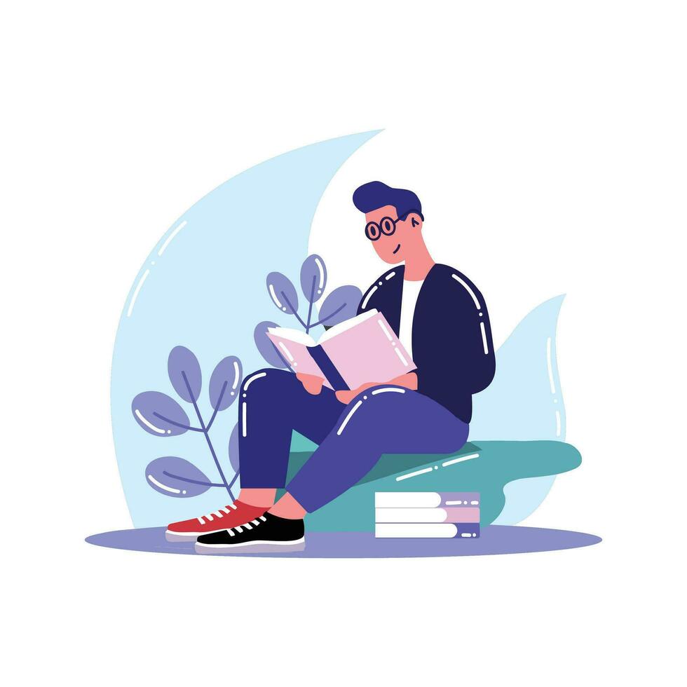 mão desenhado homem sentado e lendo uma livro dentro plano estilo vetor