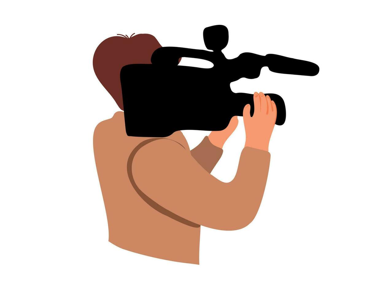 uma homem com uma vídeo Câmera em dele face é segurando uma Câmera, cinegrafista. vetor