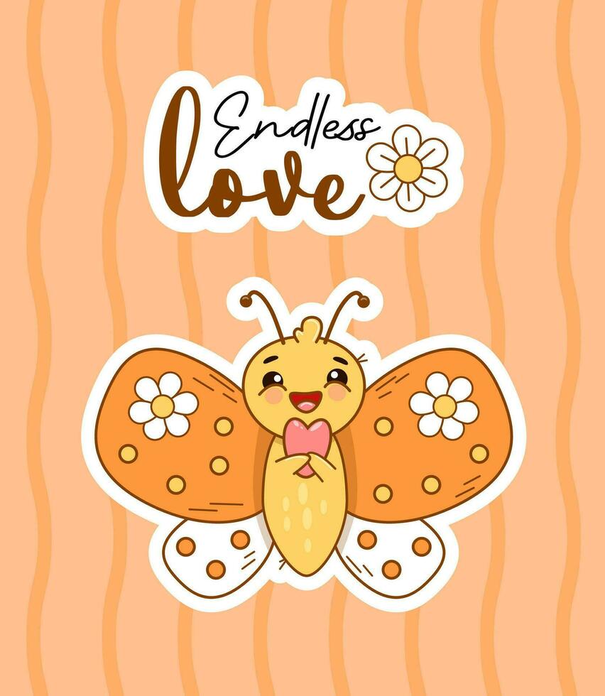 romântico cartão. fofa desenho animado borboleta com coração com legal inscrição sem fim amar. groovy vetor ilustração. engraçado cumprimento feriado cartão, namorados .