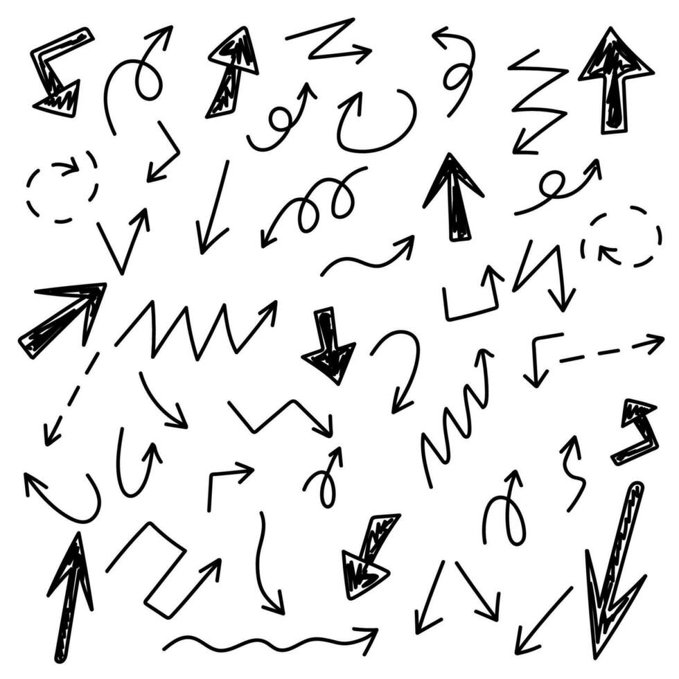 gráfico recursos, Setas; flechas, direcional indicadores, pontilhado Setas; flechas. uma conjunto do Preto e branco Setas; flechas do diferente formas e tamanhos. vetor