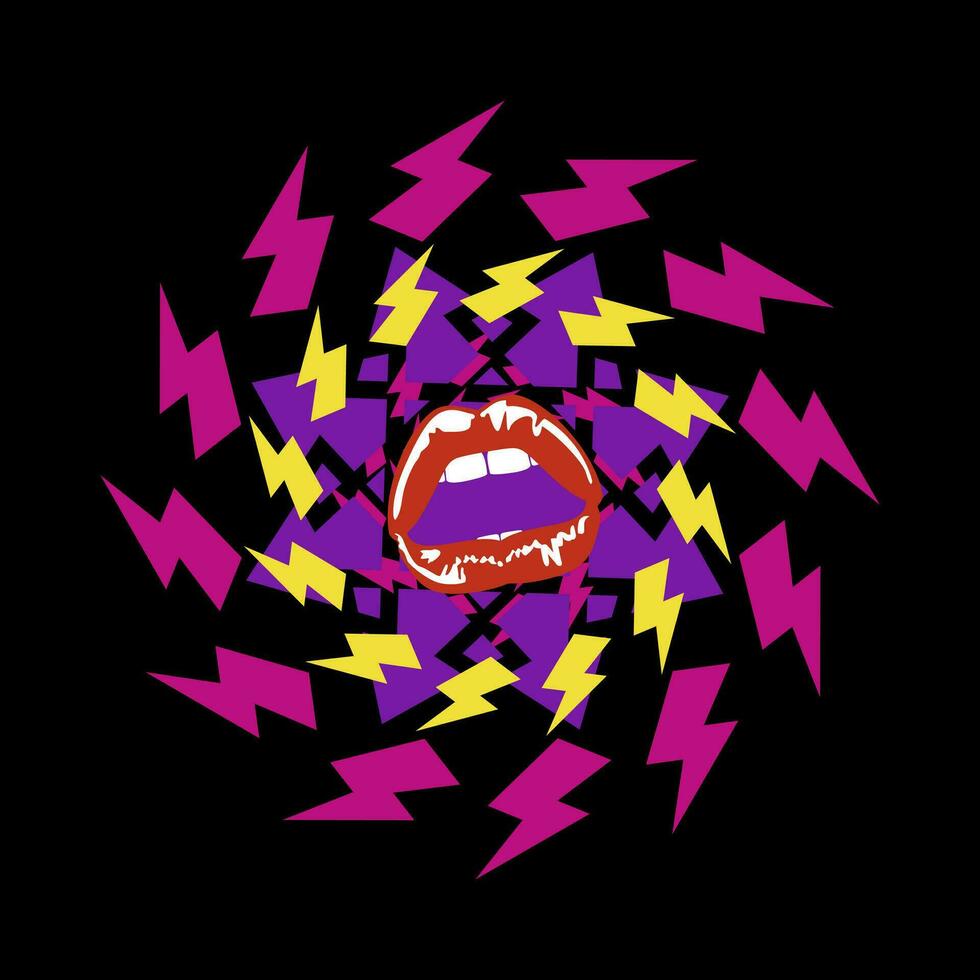 Projeto para camiseta do geométrico formas com símbolos do raios e vermelho lábios isolado em Preto vetor