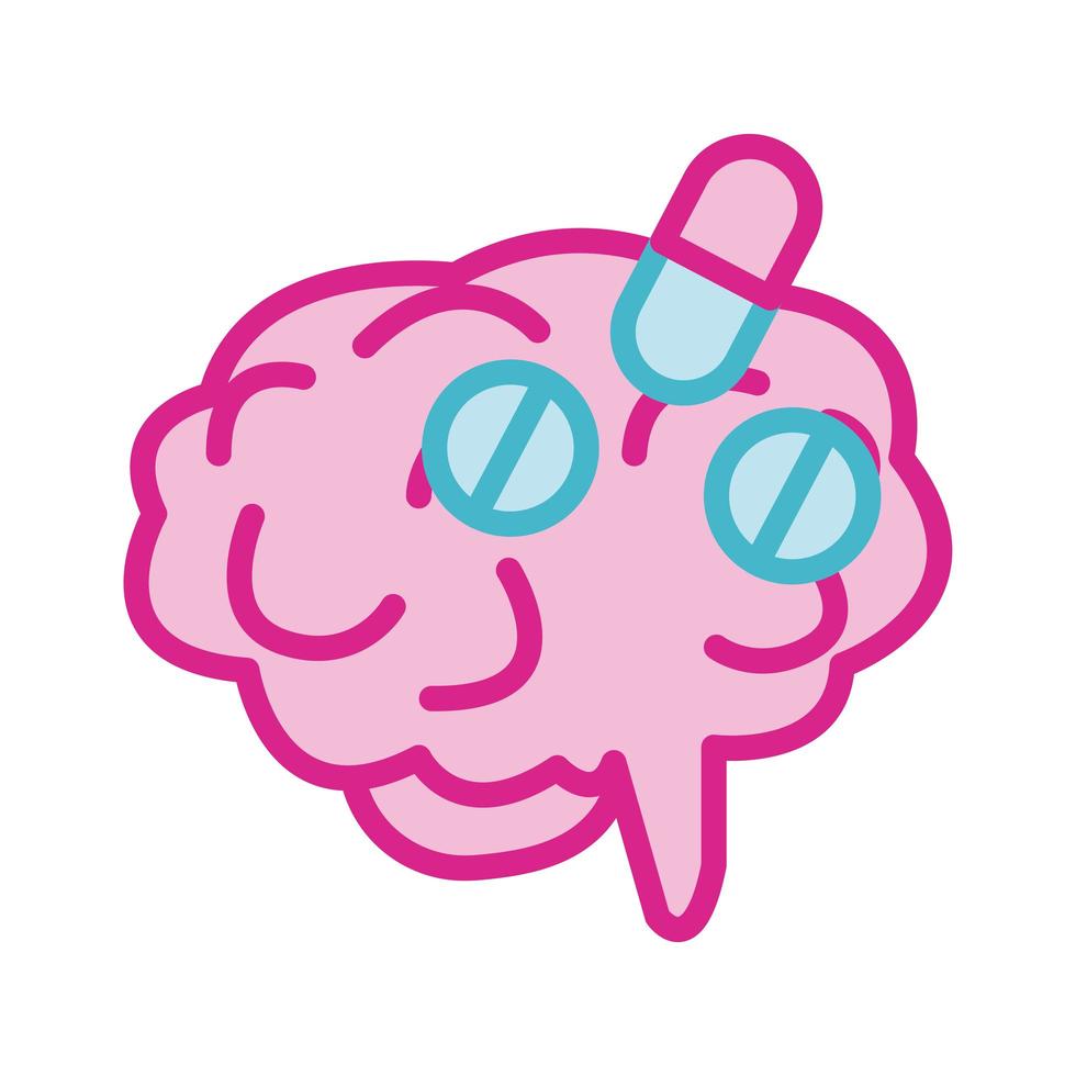 cérebro humano com linha de drogas e ícone de estilo de preenchimento vetor