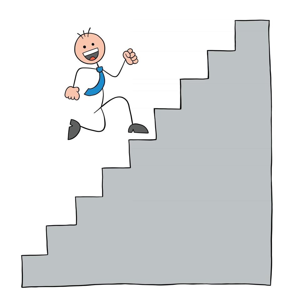 personagem de empresário stickman feliz e correndo escada ilustração vetorial vetor