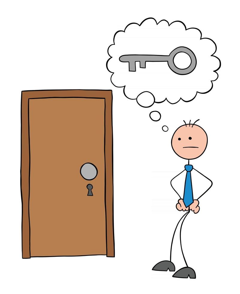 personagem de homem de negócios stickman em frente à porta trancada, mas sem ilustração vetorial chave dos desenhos animados vetor