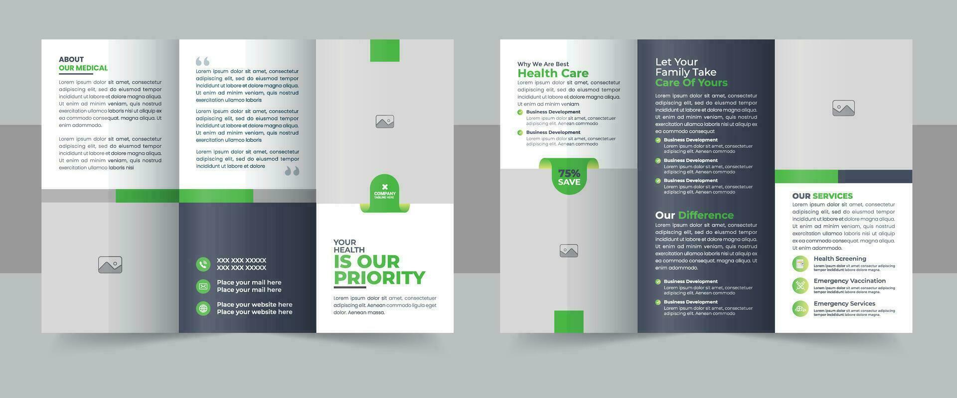 médico clínica triplo folheto disposição, médico ou cuidados de saúde triplo folheto modelo vetor