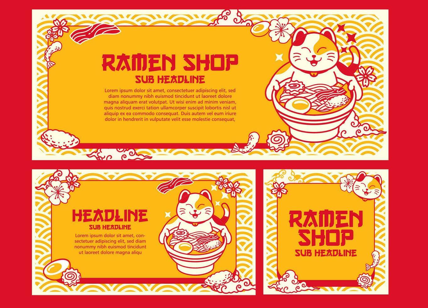 coleção do fofa gato comendo ramen bandeira vetor ilustração