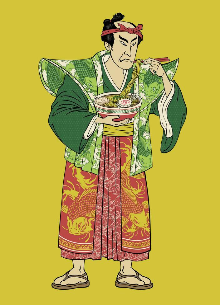 japonês homem vestindo quimono comendo ramen macarrão dentro edo estilo ilustração vetor