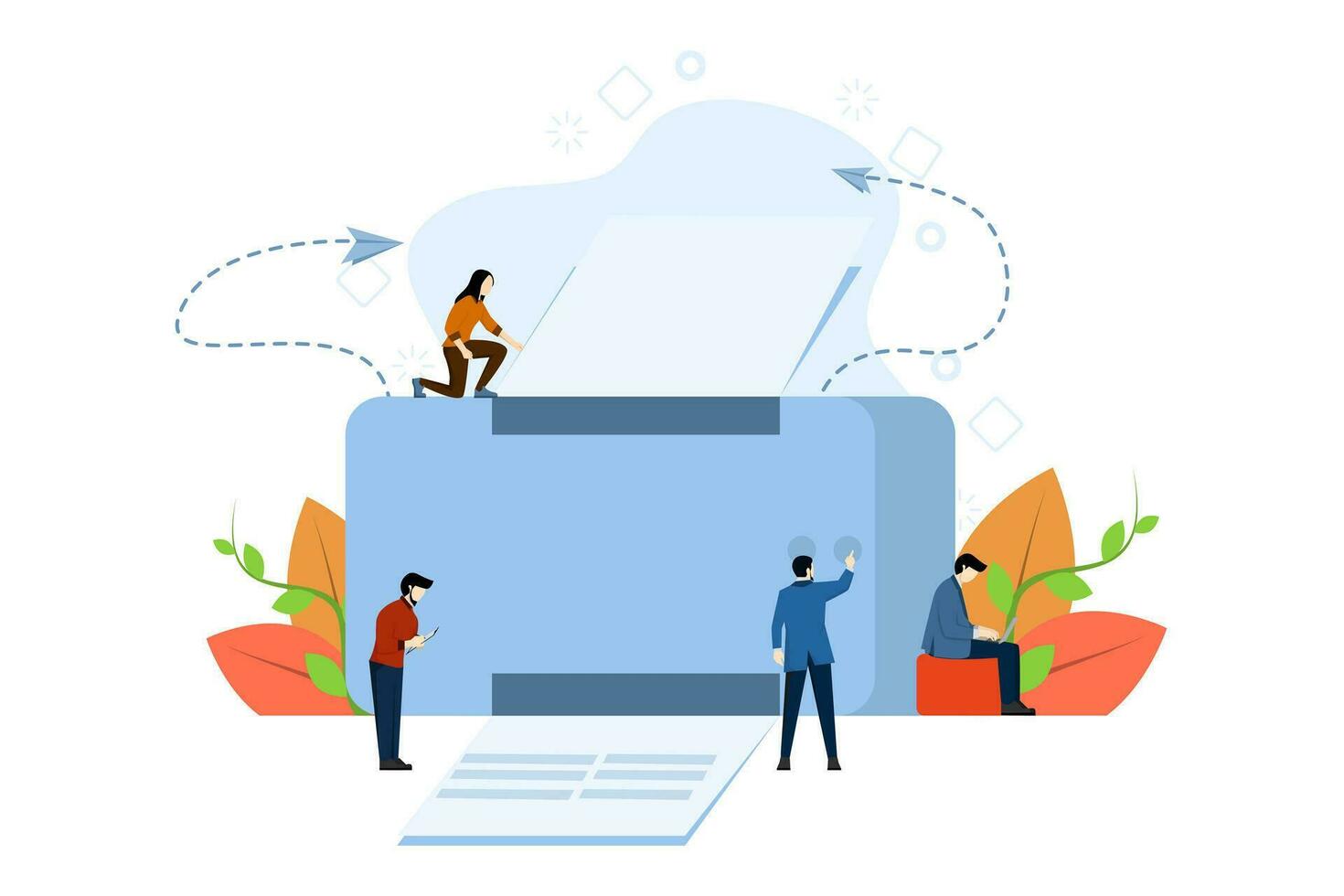 digital impressão conceito, escritório multifuncional máquina, multifuncional impressora scanner, impressão, pessoas impressão documento vetor, profissional impressão estação. plano vetor ilustração.