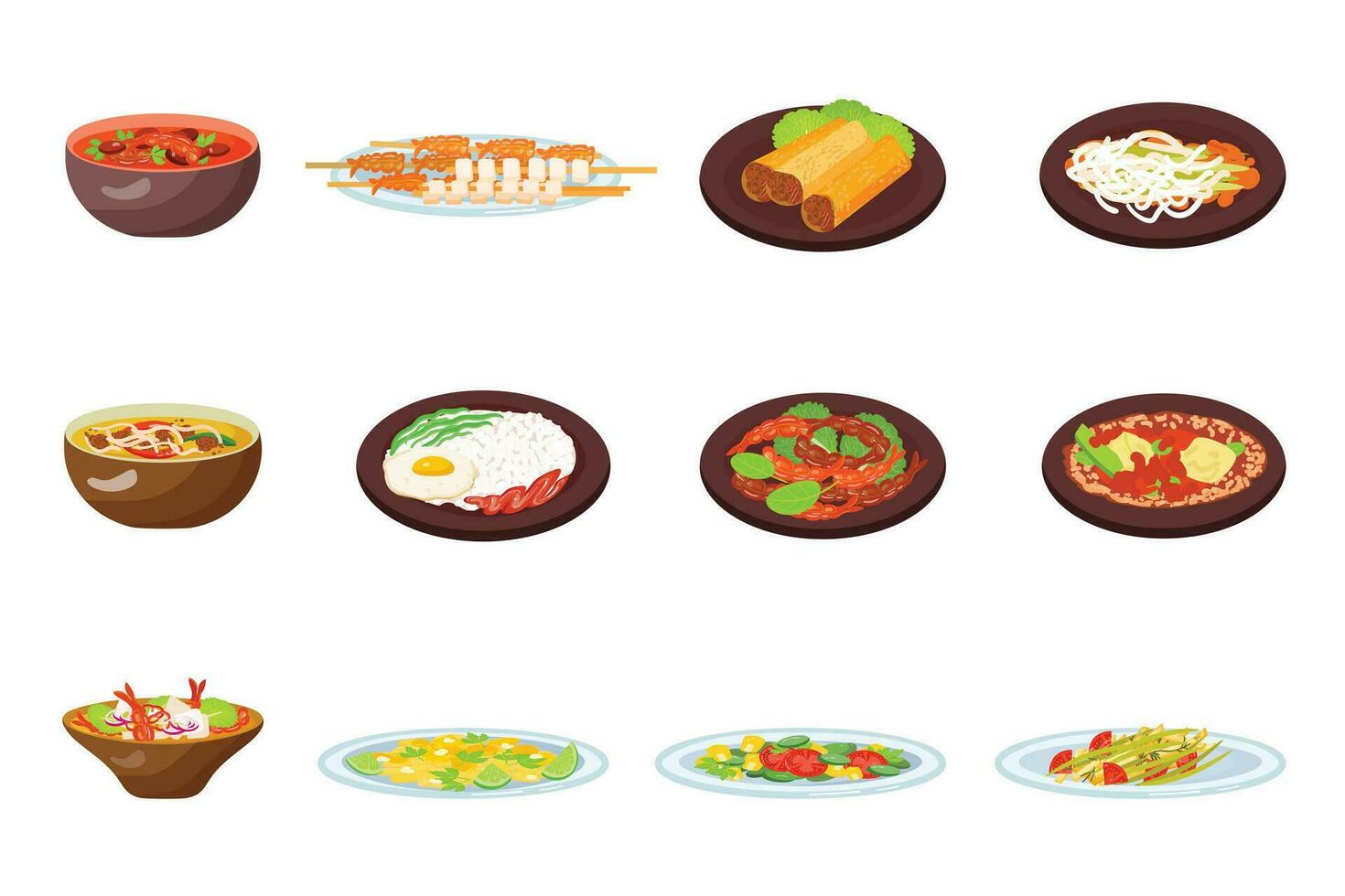 tailandês Comida ícones conjunto desenho animado vetor. arroz jantar vetor
