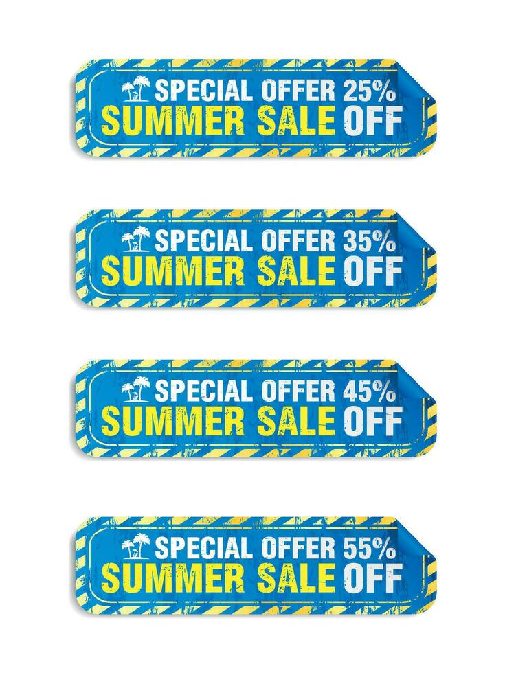 especial oferta verão venda azul adesivos conjunto dentro grunge Projeto estilo vetor. venda 25, 35, 45, 55 fora vetor