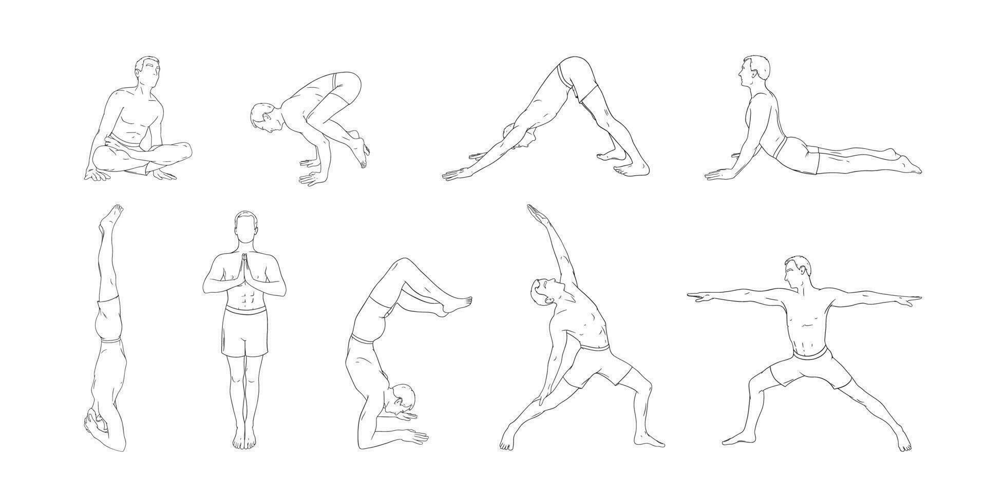 ioga asana definir. conjunto do homens exercício ioga ilustrações. mão desenhado esboço vetor ilustração isolado em branco fundo