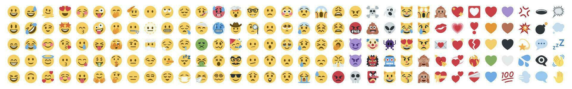 Conjunto de ícones de emoji rostos símbolos de humor emoticon fofos sorrindo  feliz, alegre, triste e com raiva