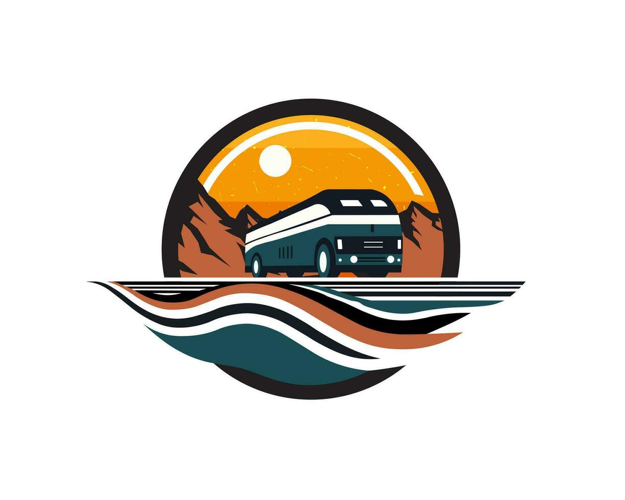 ônibus logotipo com montanhas e sol, transporte agência logotipo, vetor eps Arquivo