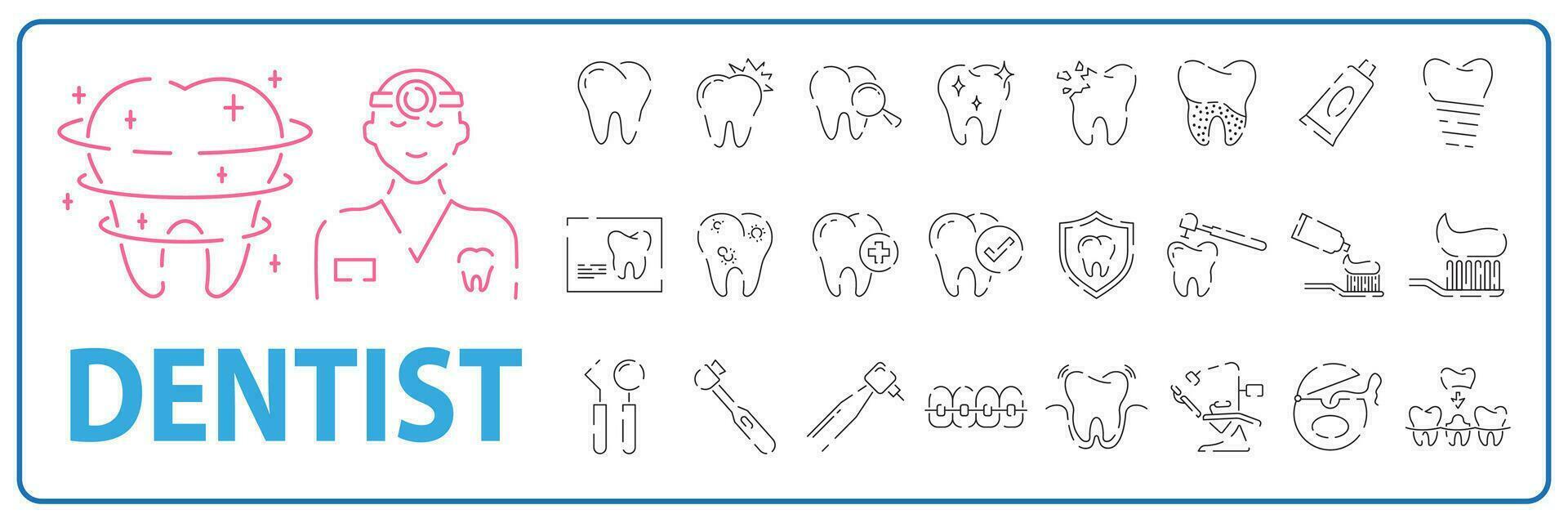 dental dente ícones definir, tal Como dentista, limpar, proteger tratar, oral. saúde, medicamento, médico ou hospital vetor. vetor