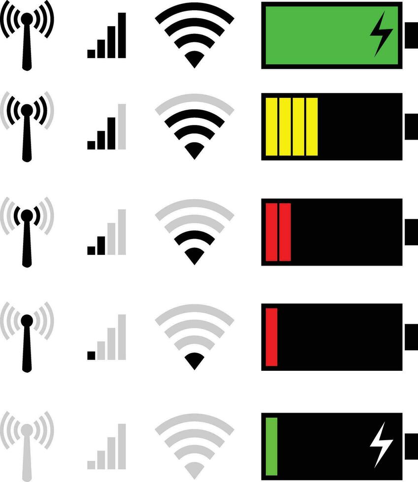 conjunto Wi-fi ícone isolado em branco fundo para telefone. telefone Barra status ícones, bateria ícone, Wi-fi sinal força. vetor para Móvel telefone. vetor ilustração