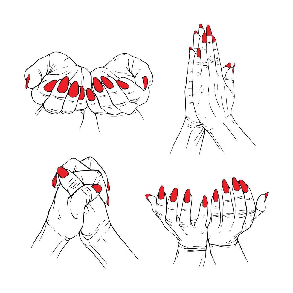 conjunto oração vermelho neils mão coleção desenhado gesto esboço vetor ilustração linha arte