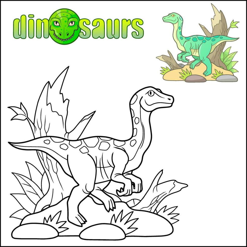 desenho animado pré-histórico dinossauro gallimimo coloração livro vetor