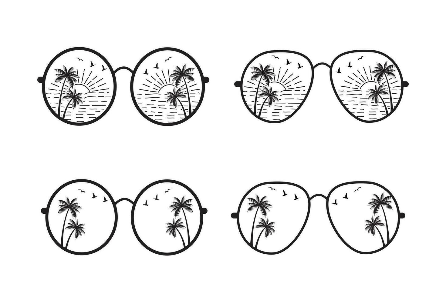 linha arte de praia reflexão oculos de sol vetor camiseta Projeto elemento, nascer do sol brilho do sol onda esboço estilo, verão período de férias com Palma árvores Óculos ícone, horário de verão elegante impressão