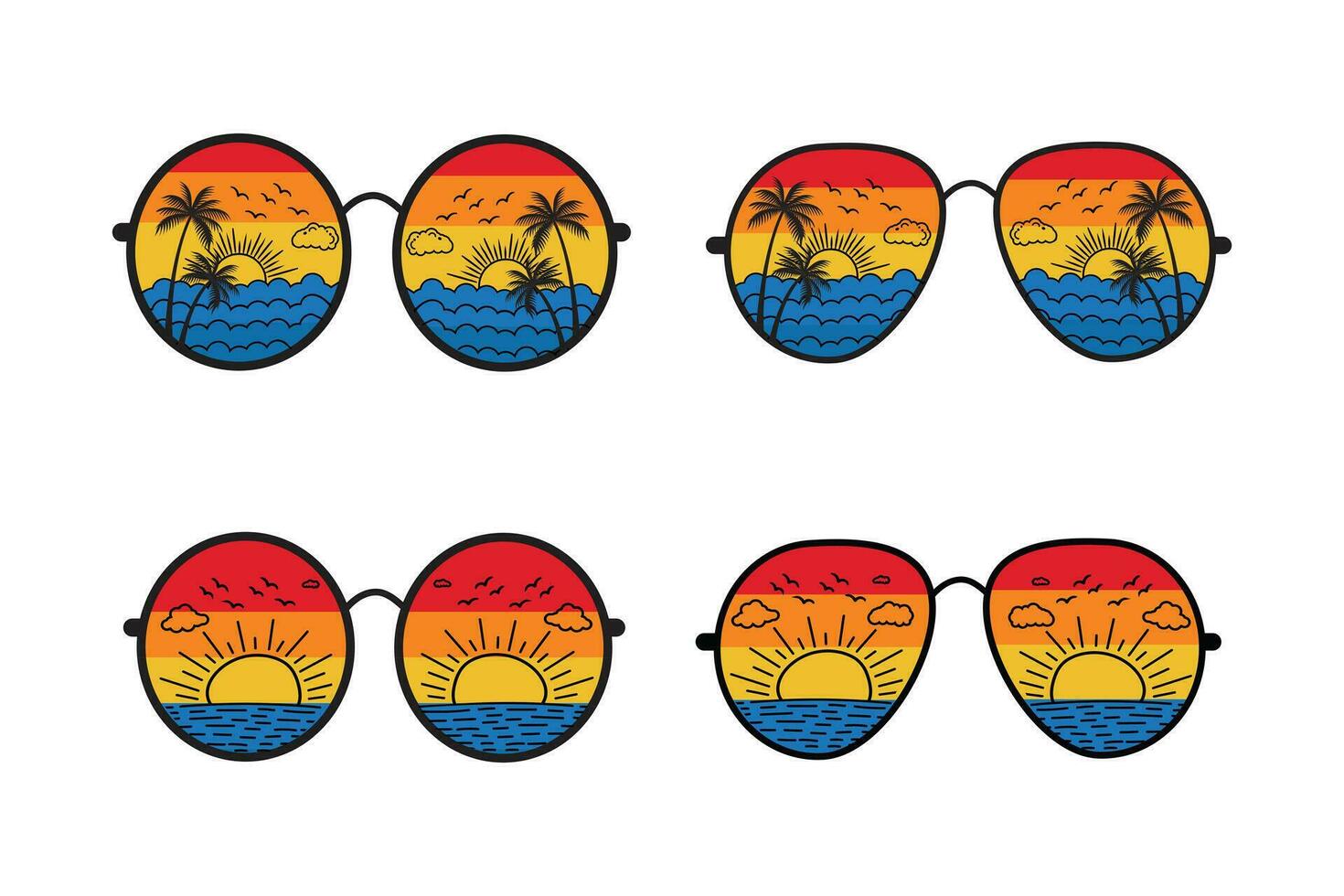 retro de praia reflexão oculos de sol vetor camiseta Projeto elemento, verão período de férias com Palma árvores Óculos, nascer do sol brilho do sol onda cenário, anos 90 angustiado vintage, Anos 70 velho colorida estilo