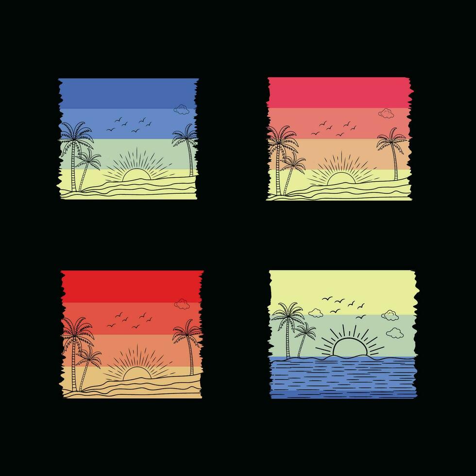 retro pôr do sol de praia camiseta Projeto pronto modelo gráficos vetor ilustração, anos 90 angustiado vintage, verão período de férias com Palma árvores Distintivos, Anos 70 velho colorida estilo, nascer do sol brilho do sol onda tela de pintura