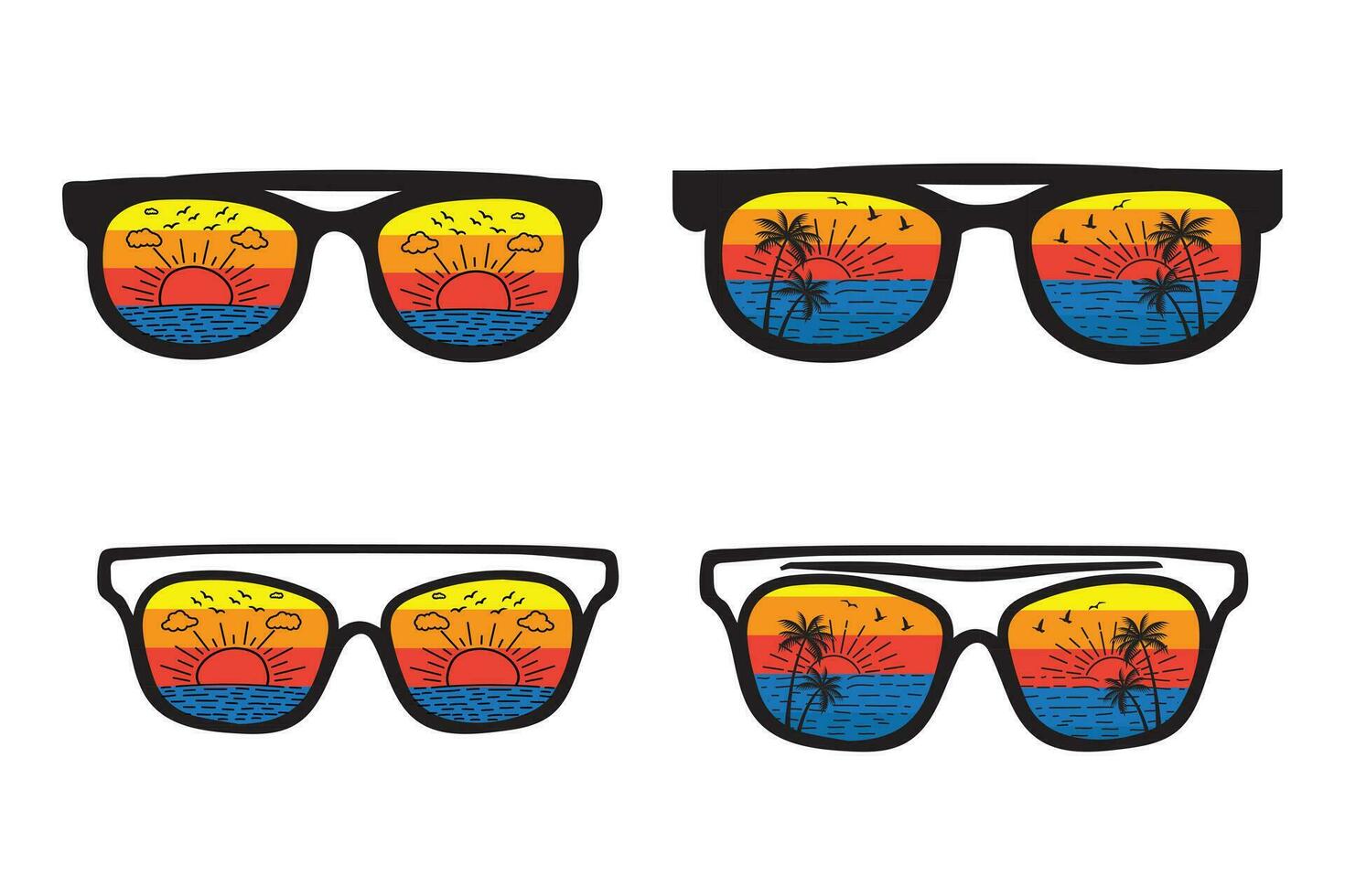 retro de praia reflexão oculos de sol vetor camiseta Projeto elemento, verão período de férias com Palma árvores Óculos, nascer do sol brilho do sol onda cenário, anos 90 angustiado vintage, Anos 70 velho colorida estilo