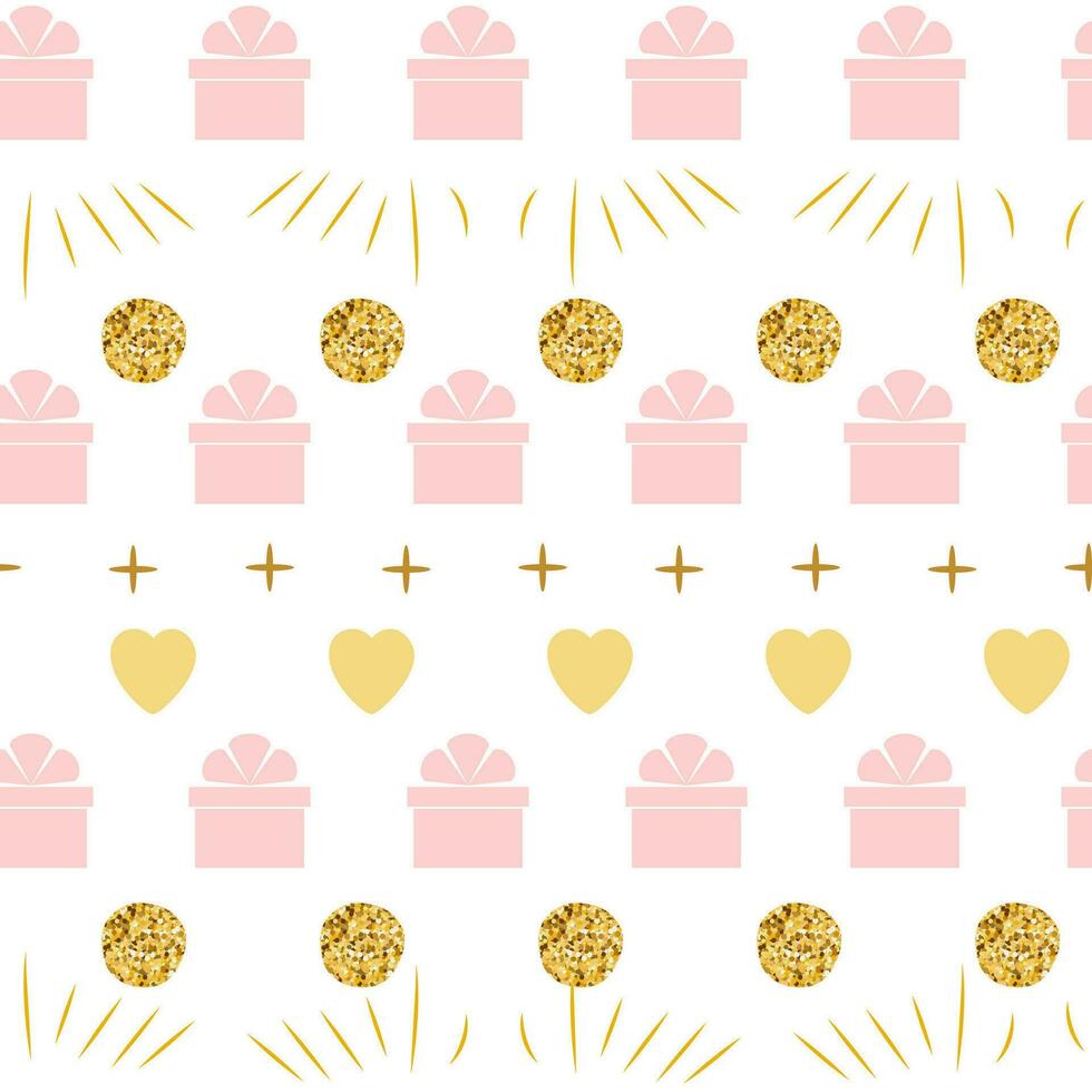 feriado fundo desatado feliz aniversário padronizar com presente caixa □ Gentil Rosa dourado cores. vetor ilustração. tecido ou têxtil Projeto para bebê ou menina pano. papel de parede embrulho cobrir, envolvendo, pacote